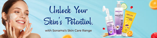 Advertisement for Sonoma skin care products featuring a woman applying cream and the text 'Unlock Your Skin's Potential'.
